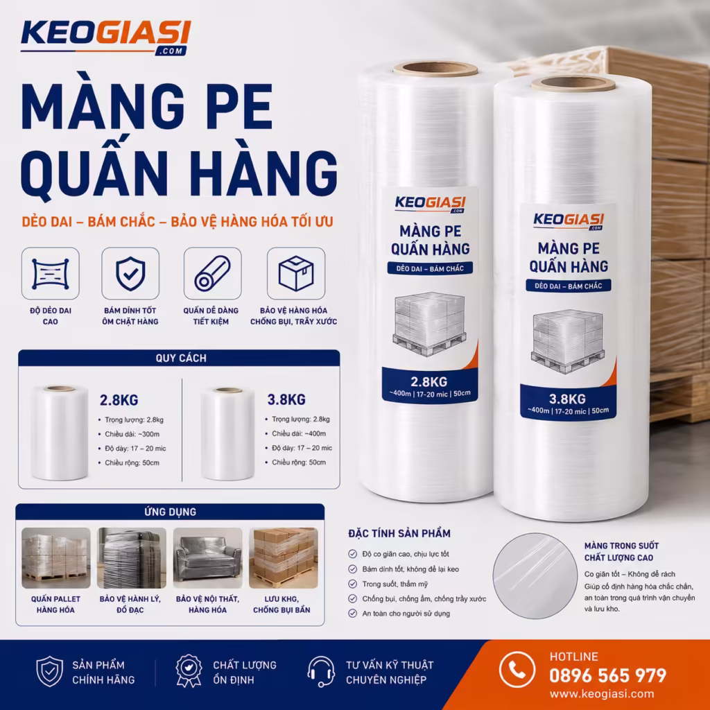 Màng PE Quấn Hàng (Màng Chít) 2.8kg – 3.8kg – Giá Sỉ, Co Giãn Tốt
