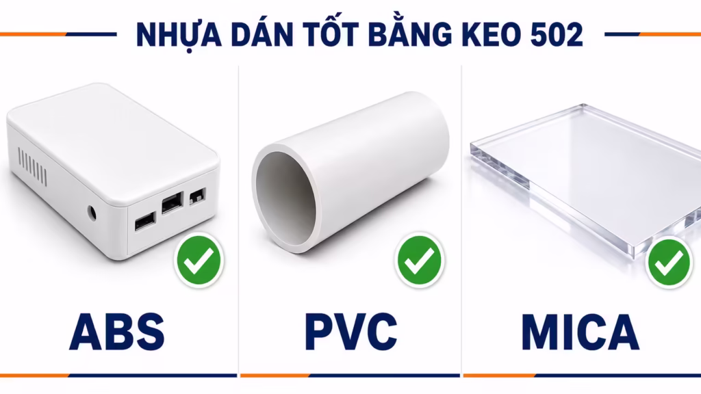 Infographic các loại nhựa dán tốt bằng keo 502 như ABS, PVC, Mica.