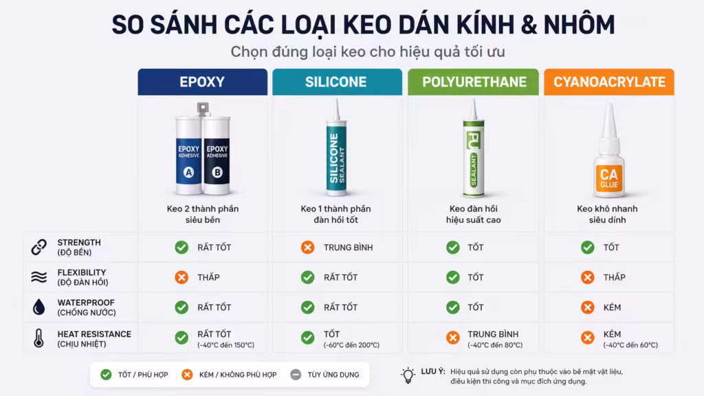 Bảng so sánh các loại keo dán nhôm phổ biến