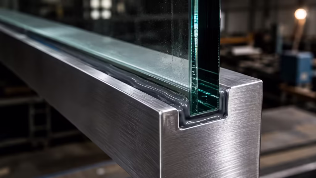 Mối nối chịu lực chắc chắn giữa kính và khung inox bằng keo epoxy AB
