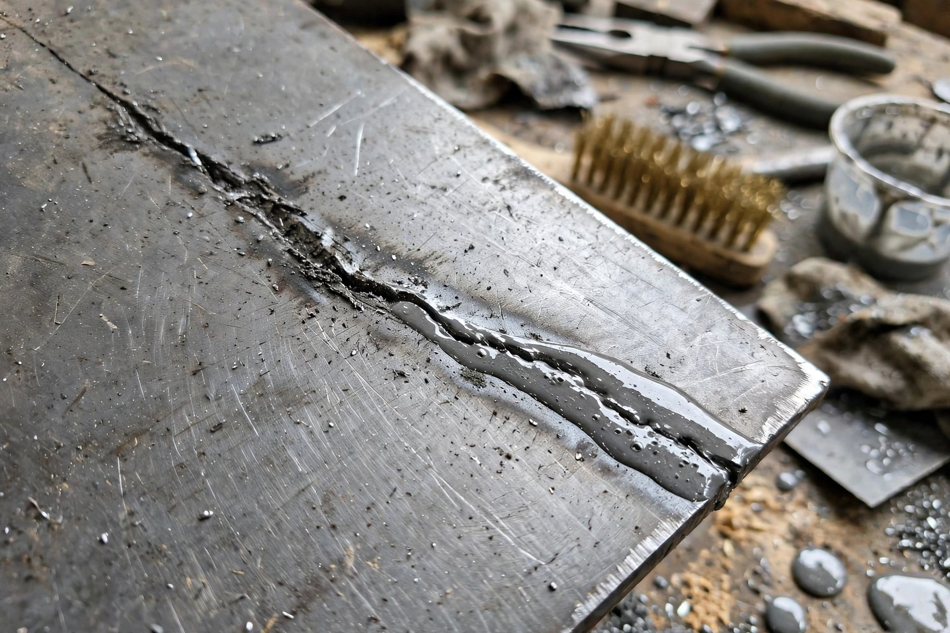 Mặt thép chà nhám được phủ keo AB dán sắt trên vết nứt tóc