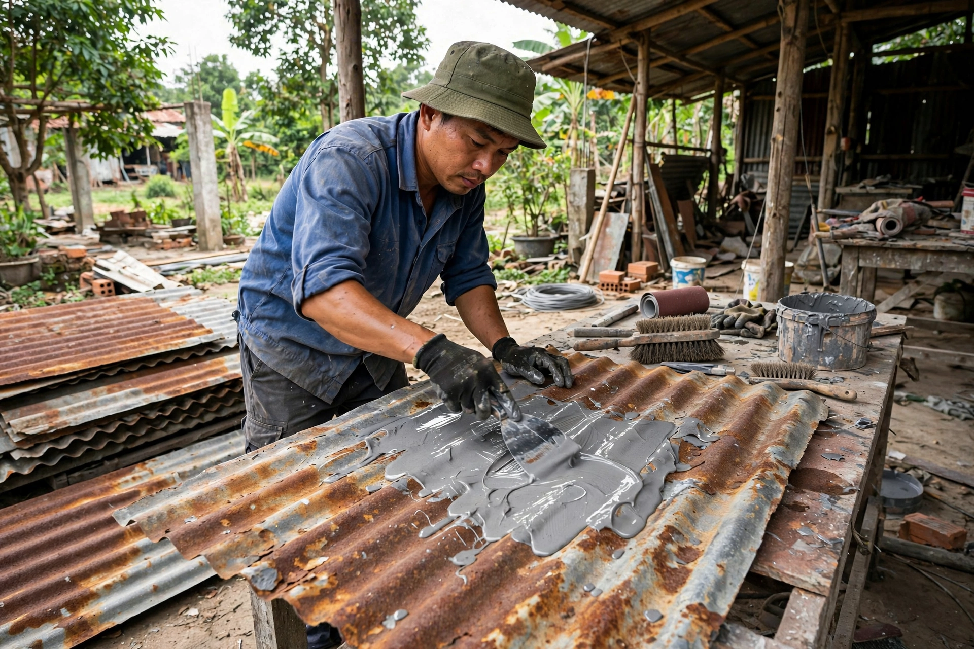 Thợ vá mái tôn rỉ sét bằng keo AB dán sắt ngoài trời